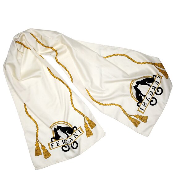 Vintage FERGANI Emanuel Geraldo Long Cat Poly Scarf Cream Black Gold Italy - Picture 2 of 12